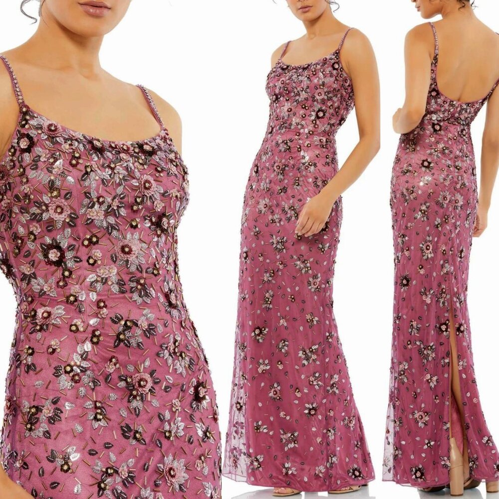NWT MAC DUGGAL LONG ROSE PINK BEADED EMBELLISHED FLORAL GOWN 5477